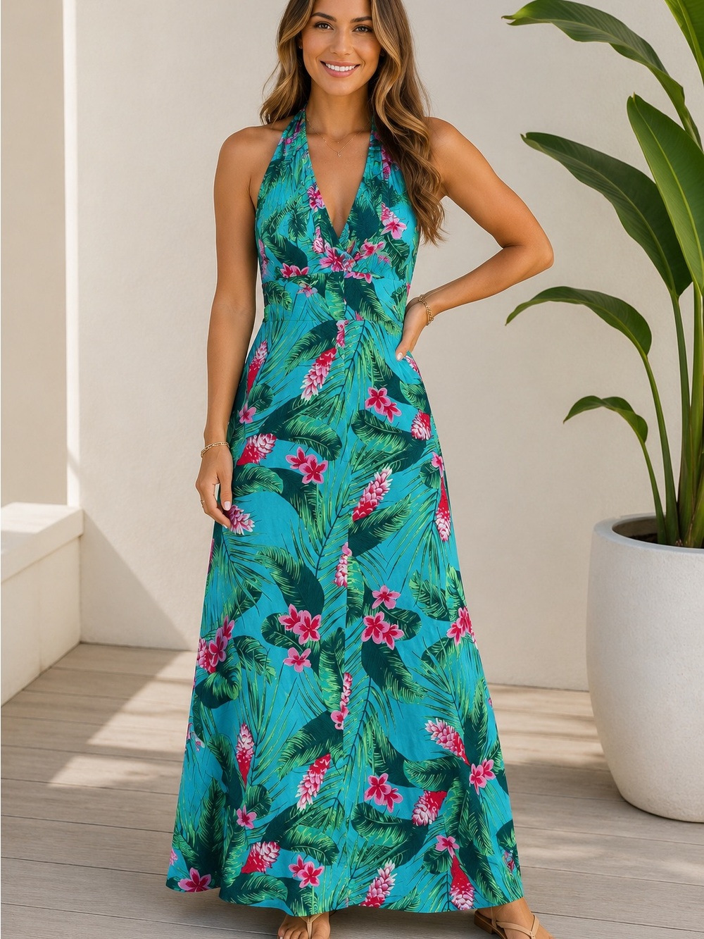Tropical Halter Maxi Dress in Teal with Pink Floral Print